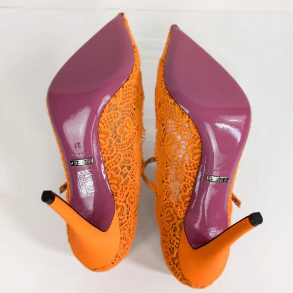 GUCCI Orange Virginia 95 mm Lace Pumps Mary Jane Pointed Toe Women's EU 37 US 7 - Picture 3 of 11